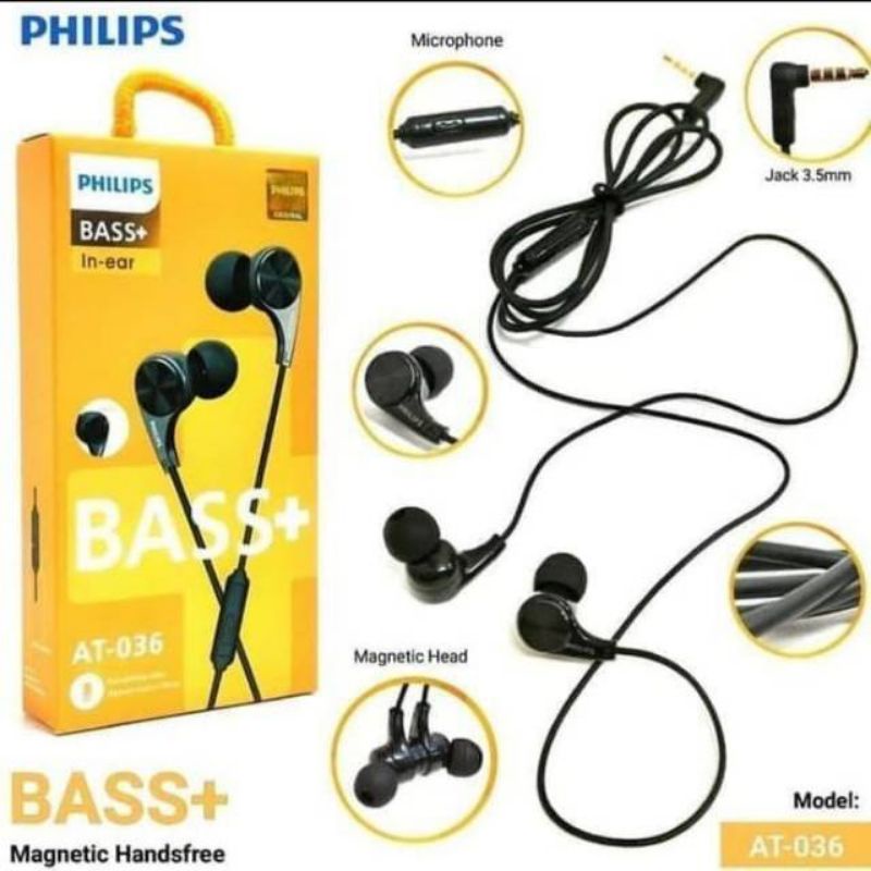 Hf Handsfree Headset Philips BASS + AT 036 Earphone Good Quality BASS