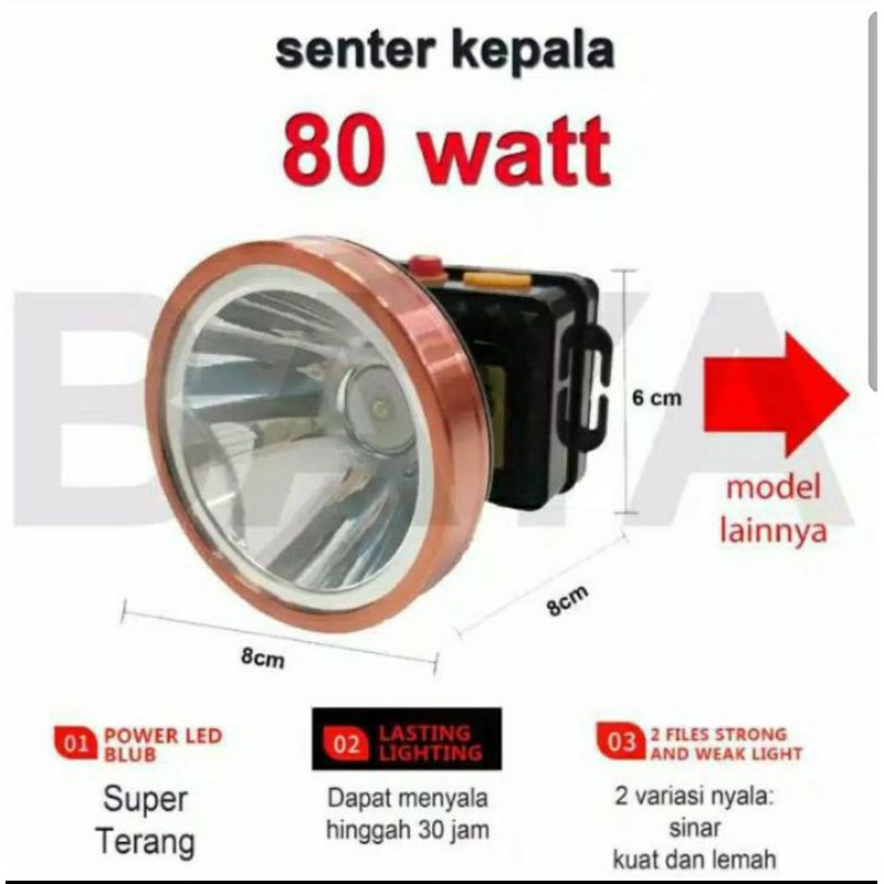 Senter Kepala Cas 80W Super Terang / Senter Kepala Pro best PB - 80S 3000mAh / Headlamp Led 80W