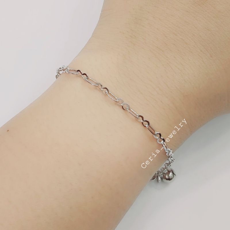 Gelang Perak Asli Silver Wanita 925 Lapis Emas Putih Model Rantai Fancy 2 Krincing - Perhiasan Perak Wanita Asli