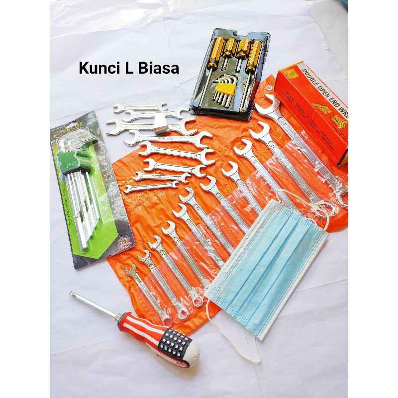 Paket Kunci Ring Pas Set + Kunci Pas Set + Kunci L Panjang Biasa + Obeng Set + FREE OBENG AMERIKA