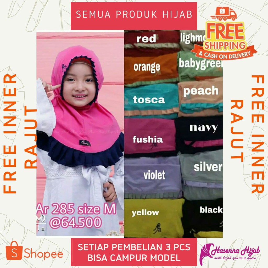 Jilbab Arrafi Hijab Anak Kids Terbaru AR 285 M Polos Rampel Tali Belakang Senna Store