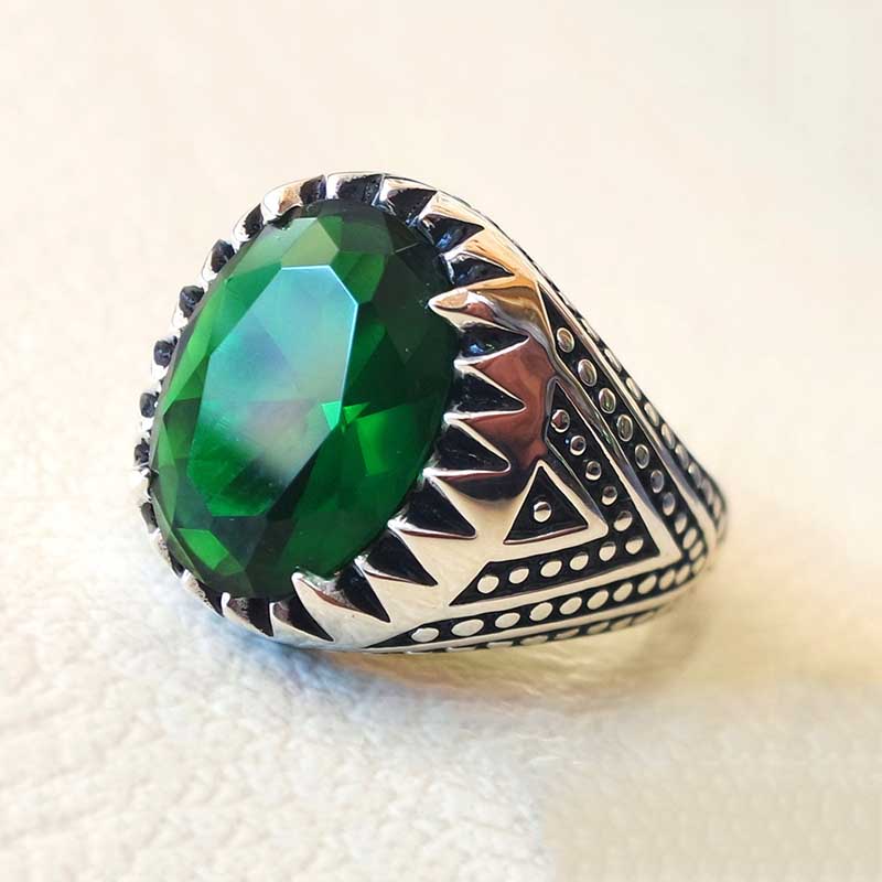 Cincin Perak Baja Titanium Emerald Kristal Batu Permata Fashion Jewelry Pria Pernikahan Gemstone Silver Rings