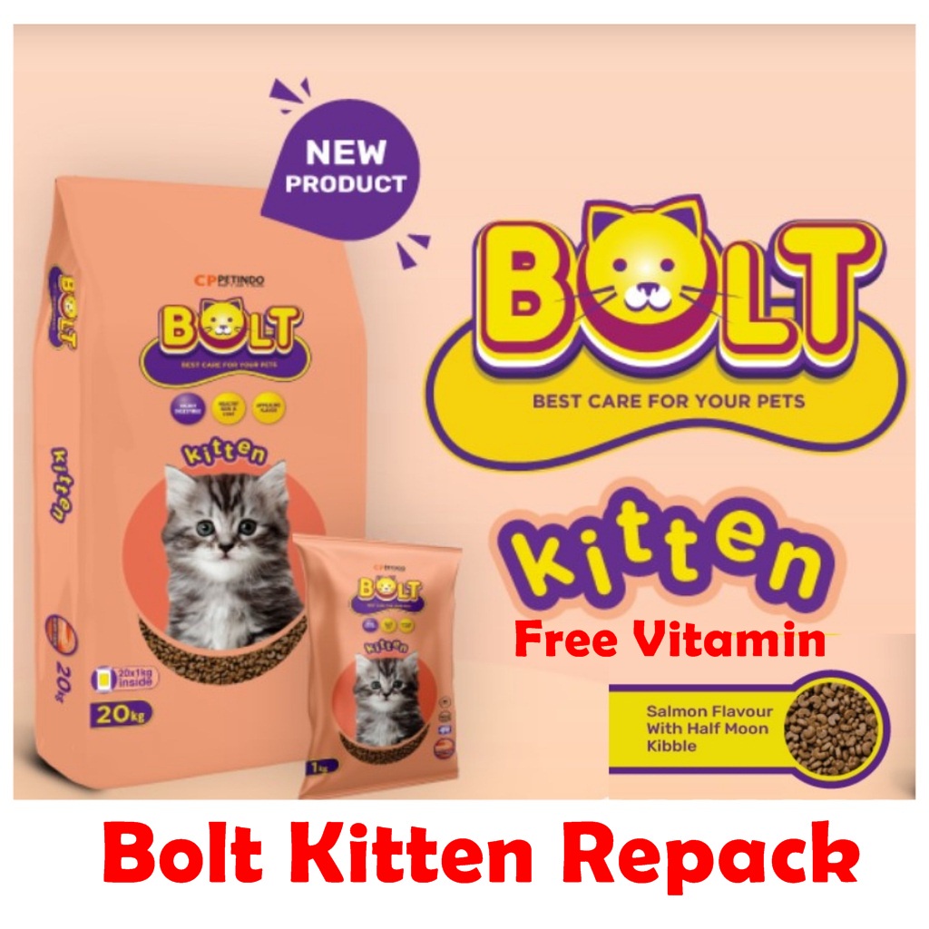 Makanan Kucing BOLT Kitten 1KG Free Vitamin Repack Cat Dry Food Pakan Kering Pelet