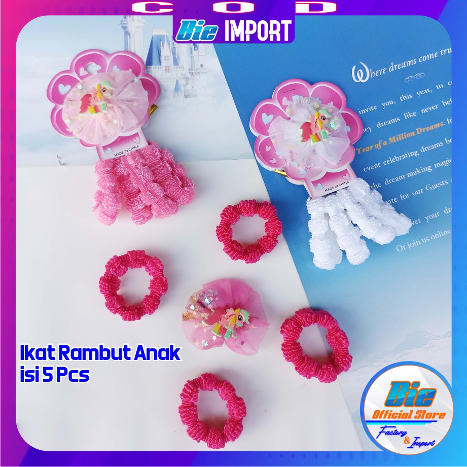 isi 5 Pcs Ikat Rambut Anak Korea Karakter Tiktop + Ikat Rambut Impor