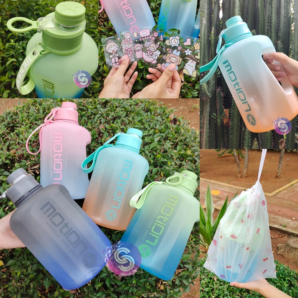 [BISA COD] Botol Motion 2200ml JUMBO FREE POUCH STICKER Botol Minum Motivasi Sport Gradasi Botol Korea Viral 2,2L