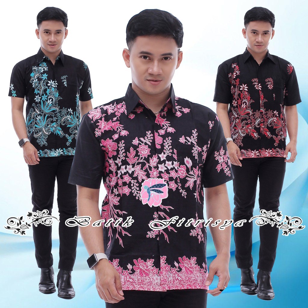 Hem Batik Pria - MOTIF BUNGA SAKURA PINK MERAH HIJAU BATIK PRIA MURAH LARIS