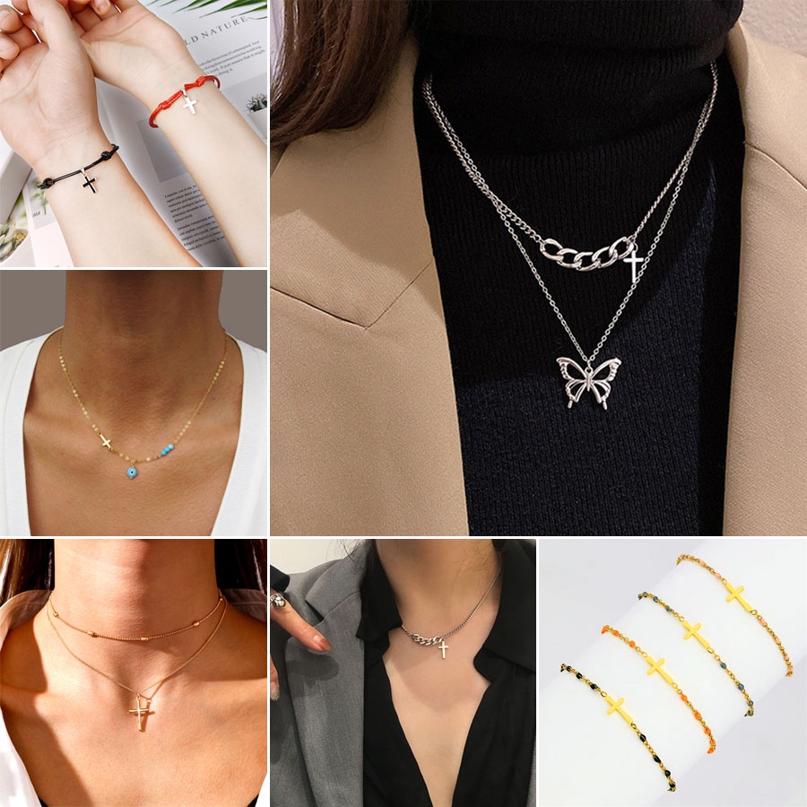 Gelang Kalung Liontin Butterfly Eye Cross Bahan Stainless Steel Untuk Pasangan