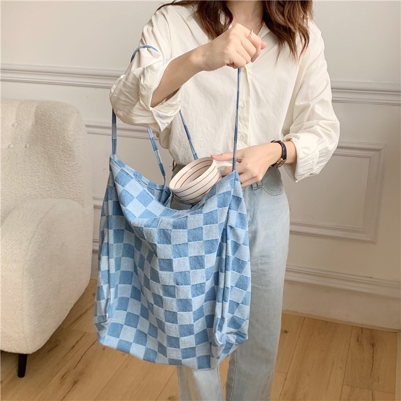 KOREAN DENIM CHECKER TOTE BAG TAS BAHU DENIM JEANS