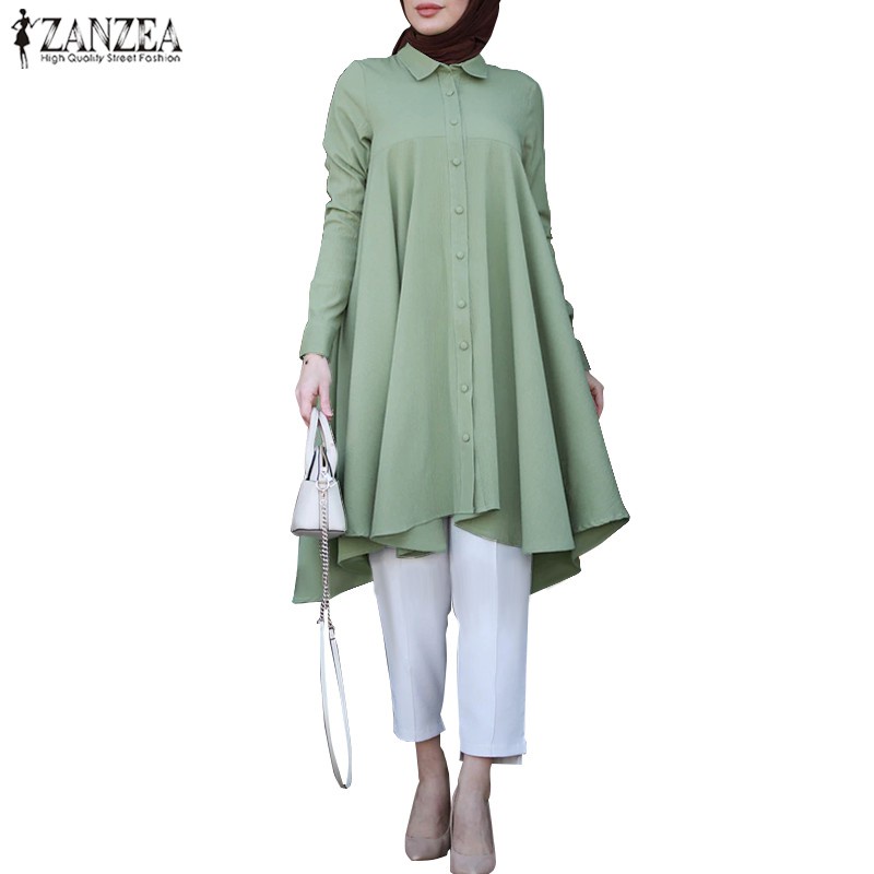 ZANZEA Women Casual Turn-Down-Collar Long Sleeve Muslim Blouse