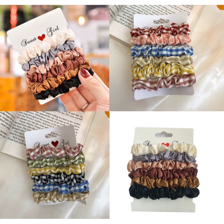 6Pcs Scrunchie Cepol Hijab Karet Rambut Usus Ponytail Elastis Warna-Warni Gaya Korea Retro Wanita Ring Rambut Kotak Shinny