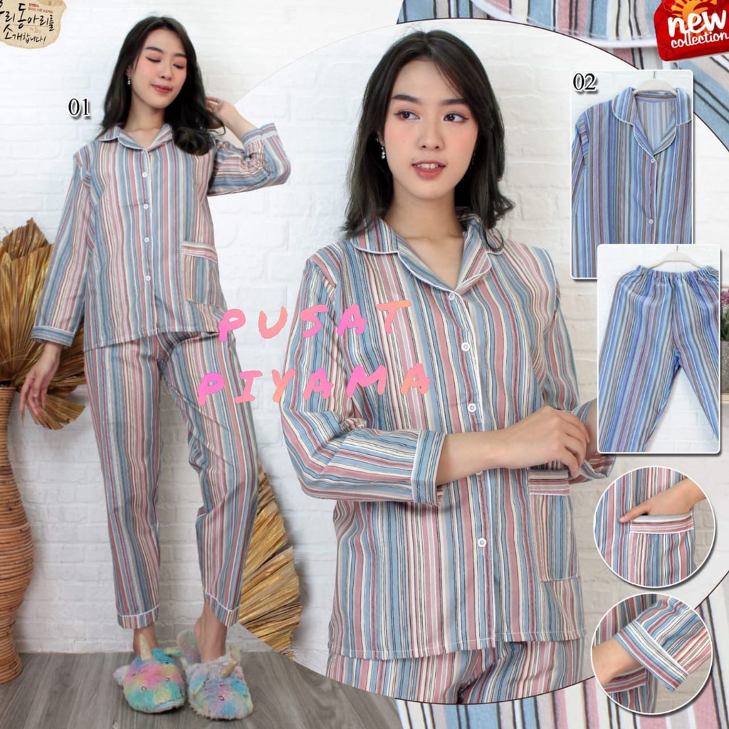 Piyama Baju Tidur Wanita Motif Candy Salur / Pajamas Dewasa Cewek abg Kekinian