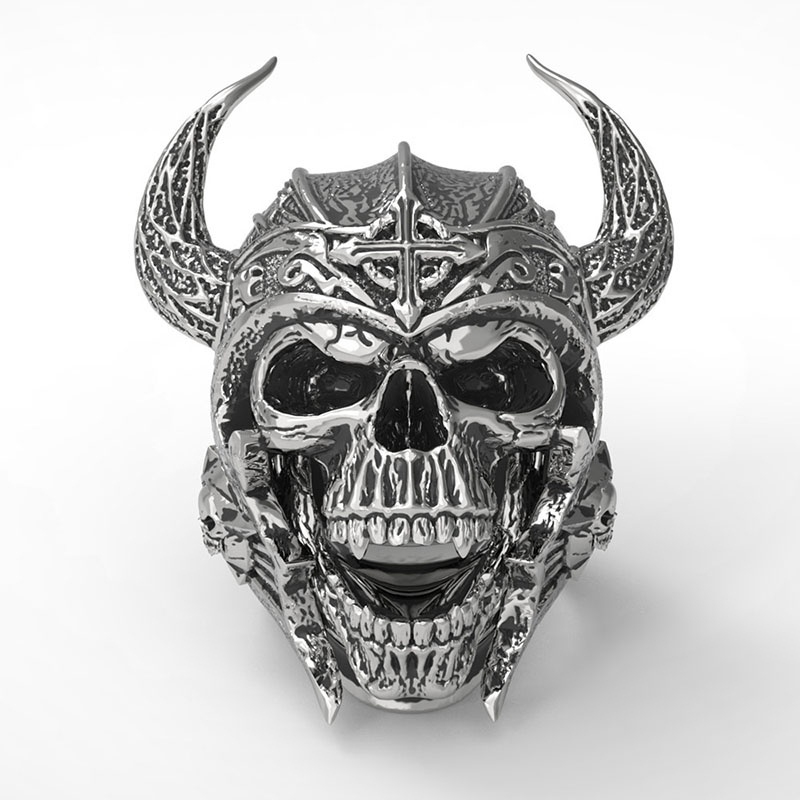 Cincin Desain Tengkorak Warrior Gothic Tauren Punk Warna Silver / Hitam Untuk Pria