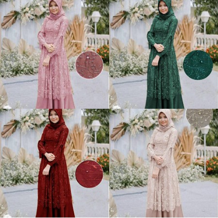 BAJU GAMIS WANITA TERBARU TILE BORDIR ADA MUTIARA MAXI BROKAT BUSANA MUSLIM PESTA MAXI LONGDRES