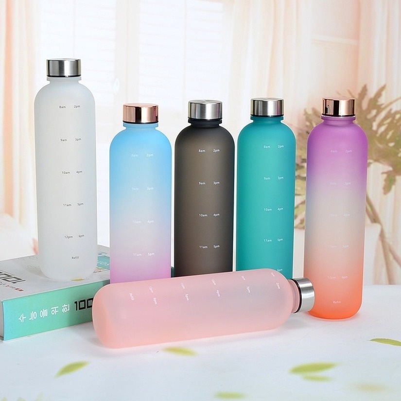 Botol Air Minum Portable Bahan Plastik Kapasitas 1000ml Dengan Skala Waktu Untuk Fitness