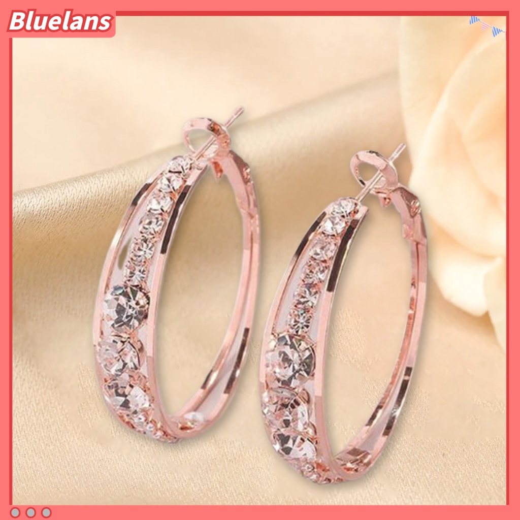 1 Pasang Anting Hoop Berlian Imitasi Bentuk Lingkaran Warna Rose Gold Untuk Wanita