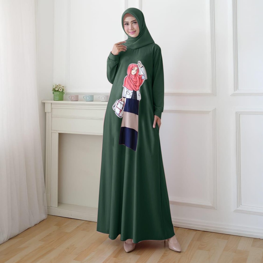 Gamis Wanita Motif Print Hijabers bahan Babytery Adem / Dress Wanita model Maxi SALE HOPYLOVY