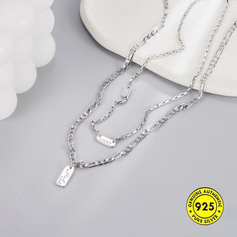 Kalung Rantai Klavikula Bahan S925 Silver Double Layer Dengan Liontin Persegi Tahan Air Anti Karat Untuk Wanita