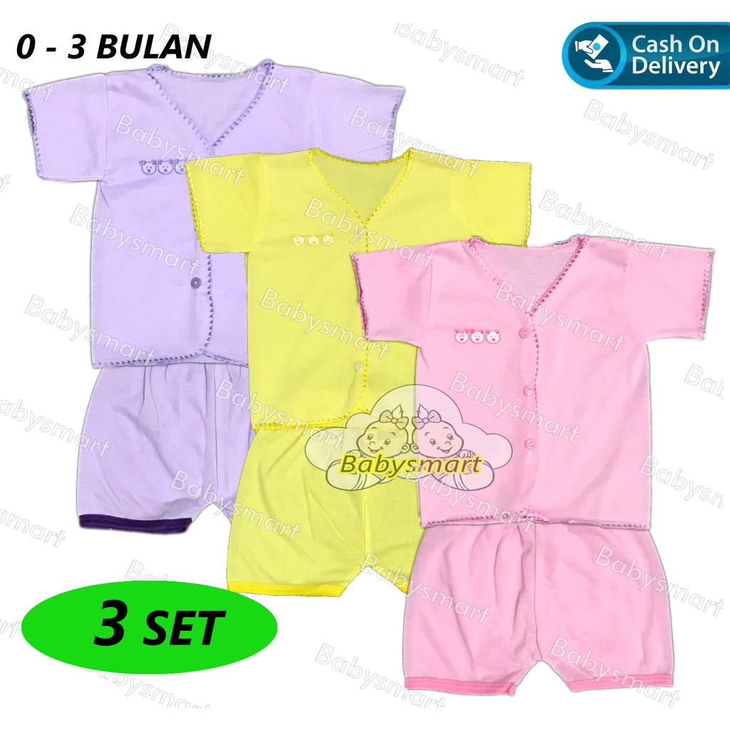 Babysmart - 3 SET Setelan Baju Bayi Pendek+Celana Pendek Polos WARNA umur 0-3 bulan/baju anak laki-laki/perempuan BOY/GIRL