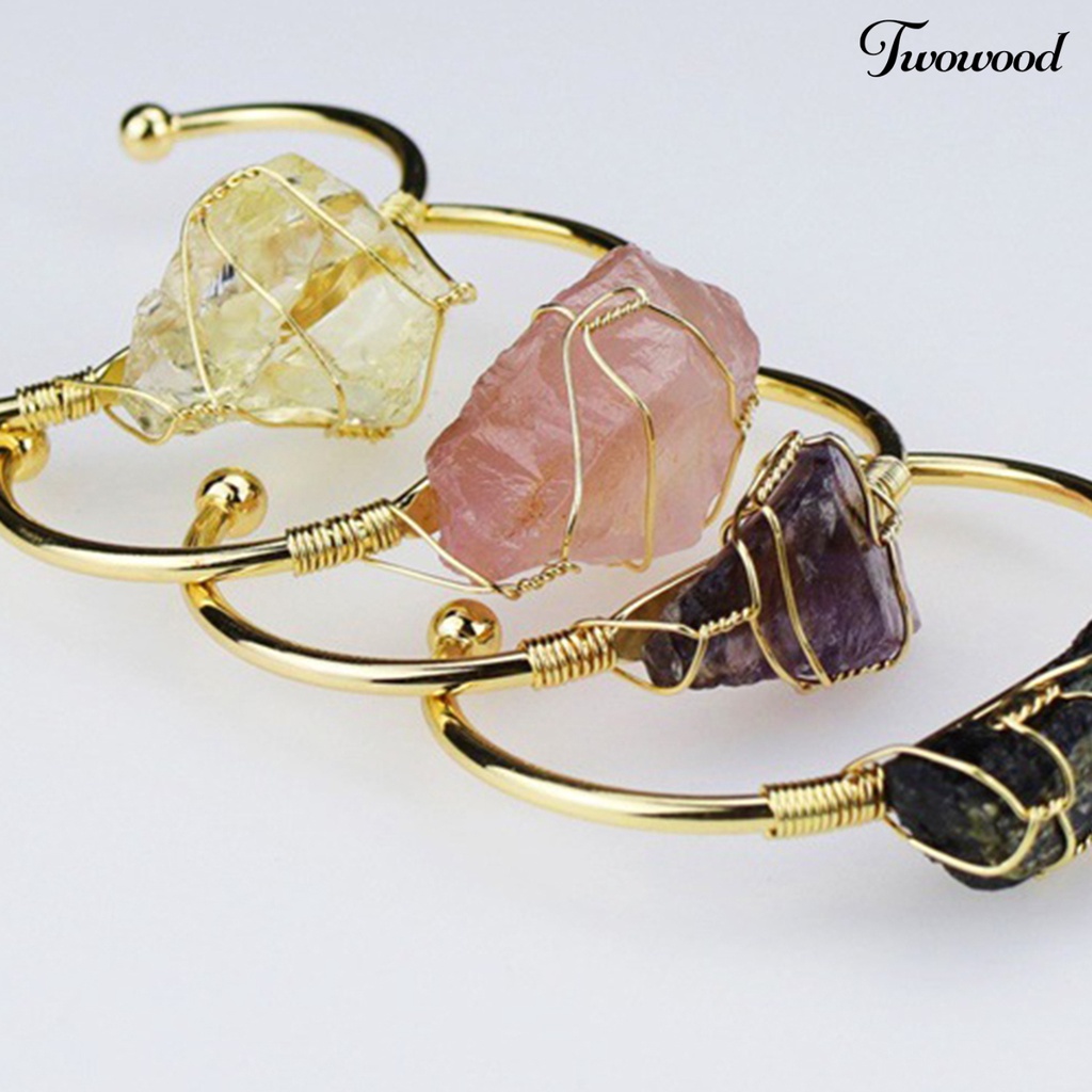 Twowood Wire Wrap Natural Stone Women Bracelet Alloy Irregular Stone Opening Adjustable Bangle Jewelry Gift