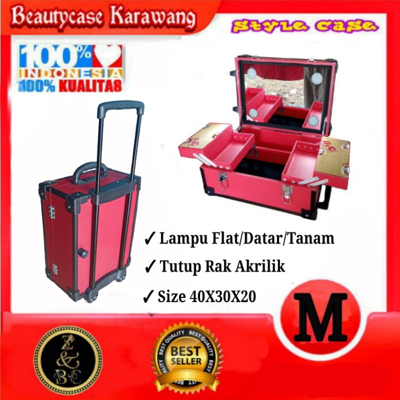 Koper Beauty Case 40 Cm Akrilik Flat Full Frame Mirror Kecantikan Tas Artis MUA Salon Wedding Lampu 