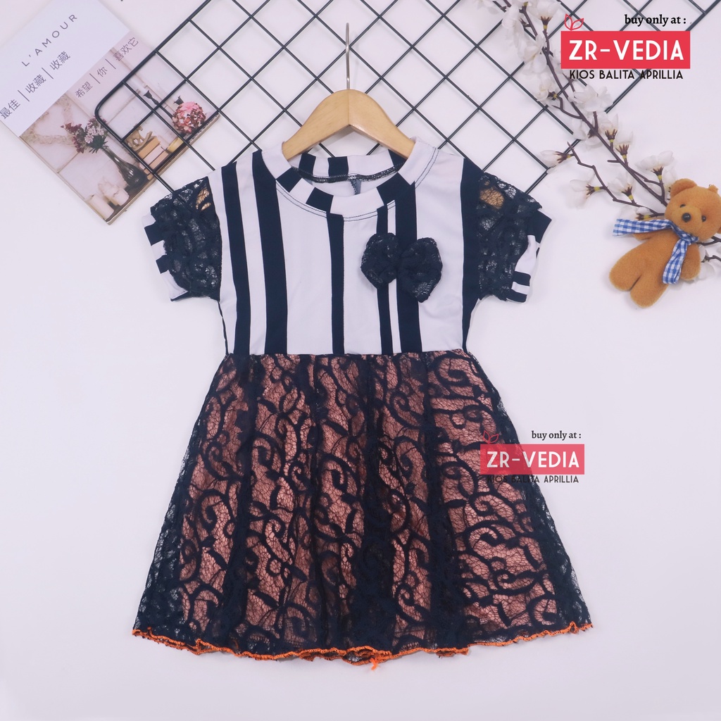 Dress Yuki uk 1-2 Tahun / Dres Lengan Anak Perempuan Brukat Adem Murah Baju Gaun Pesta Import