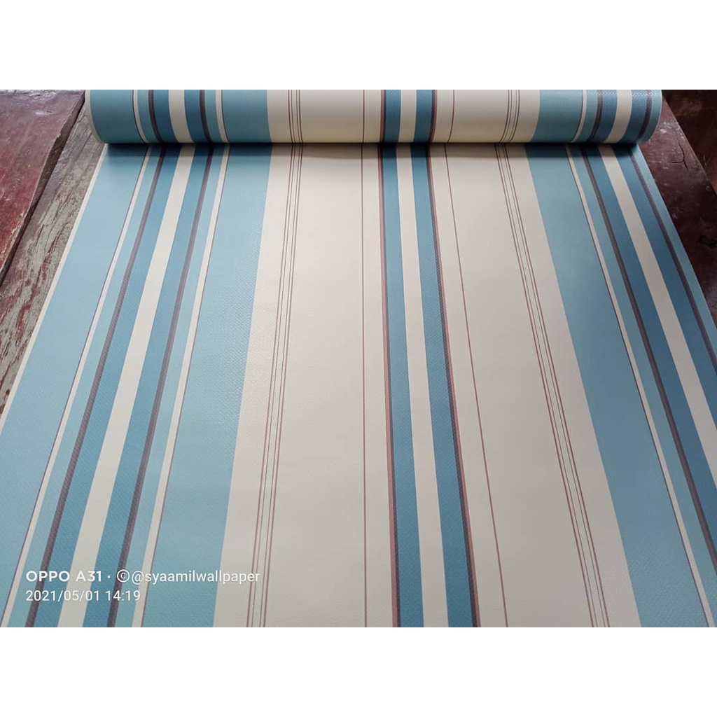 Wallpaper Murah - Wallpaper Dinding Stiker Dinding - Wallpaper Dinding Minimalis - Garis Biru Krem