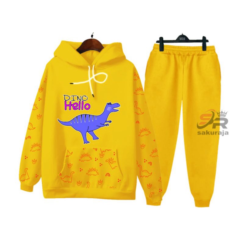 setelan hoodie anak Dino/setelan celana panjang anak/model kekinian/umur 3-10 tahun bisa COD