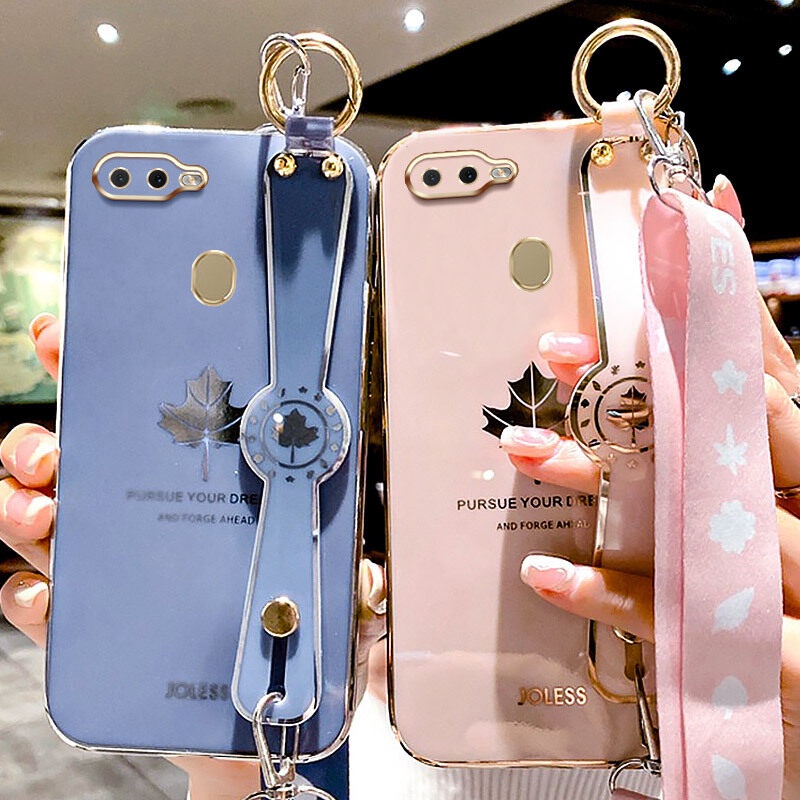 Case Motif Daun Maple Dengan lanyard Untuk OPPO A5S A12 A7 A11K F9 Pro