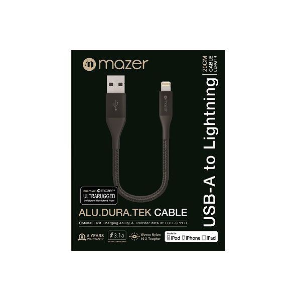 Mazer - Premium Nylon Lightning Cable 20CM/3.1A - Black
