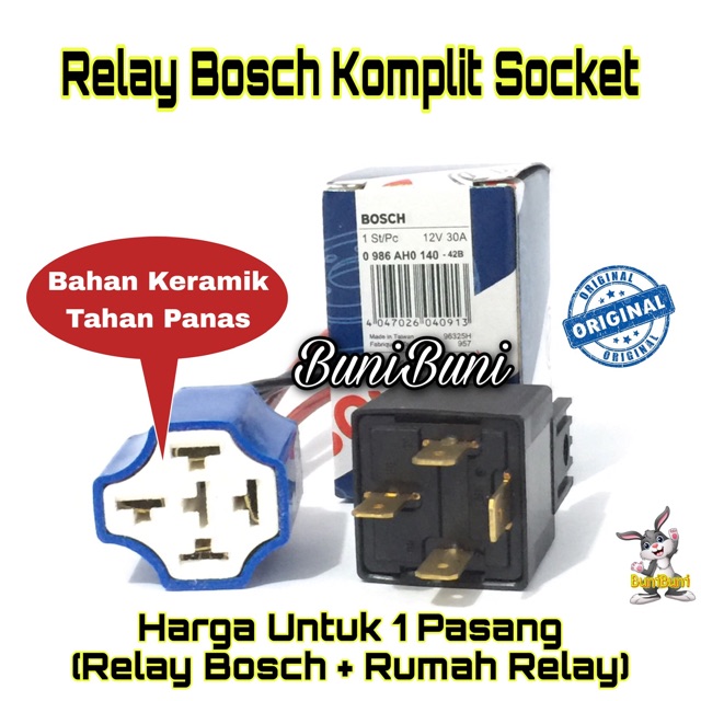 Relay Bosch Original 12V 30A Kaki 4 Komplit Rumah / Socket Relay Bahan Keramik Tahan Panas