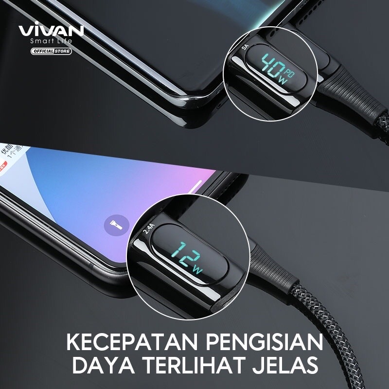 VIVAN VIC100 / VIL100 Kabel Data 100cm USB To Type C 40W 5A / USB To Lightning 12W 2.4A Fast Charging Smart LED Display Garansi Resmi 1 Tahun