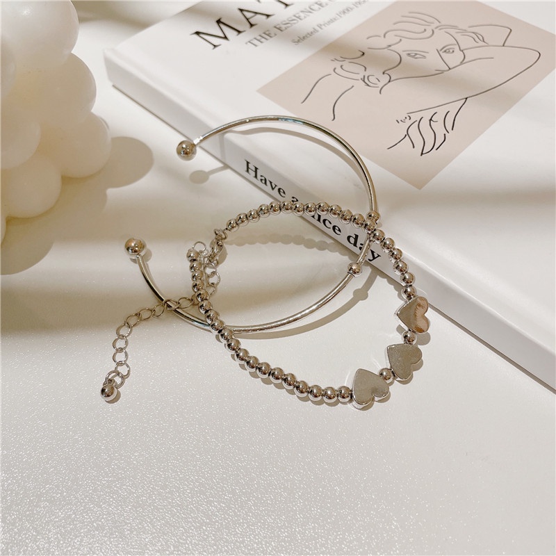 IFYOU 2pcs / set Gelang Model Terbuka Aksen Manik-Manik Hati Gaya Korea Untuk Wanita