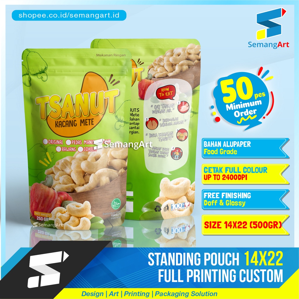 Cetak Kemasan Standing Pouch 14x22 Zipper Ziplock Makanan Desain Custom