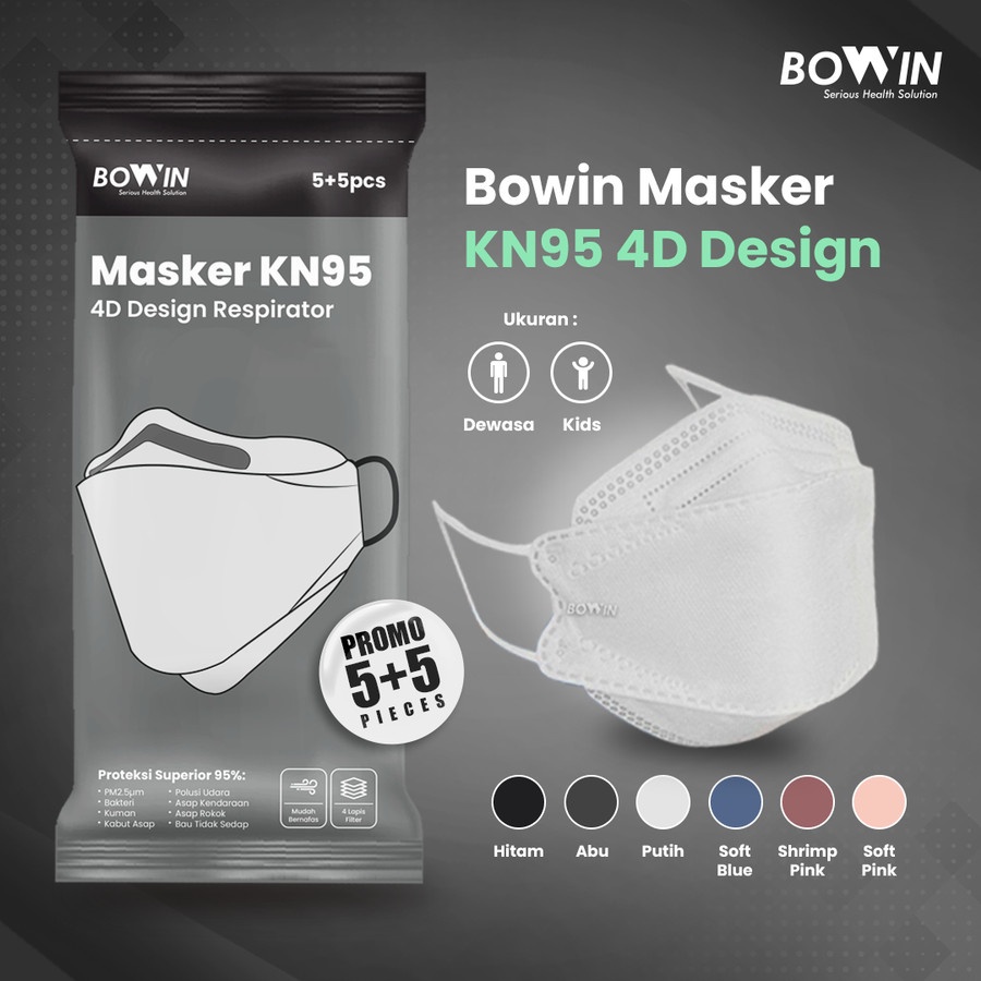 Bowin Masker KN95 4D Design 95% BFE PFE (Masker Kesehatan Model KF94)