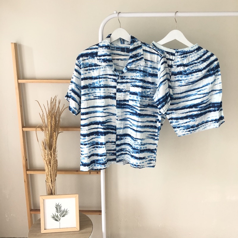 hirafa - One Set Setelan Atas Bawah Full Kancing / Baju Santai Tie Dye / Baju Wanita Pria-Stripe - Navy