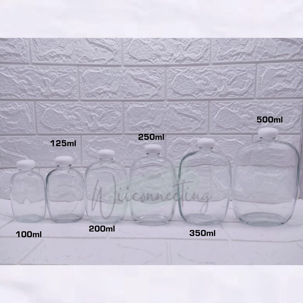 Botol Kaca Polos Gepeng Premium Tutup Putih 100ml / 125ml / 200ml/ 250ml / 350ml / 500ml Botol Minum