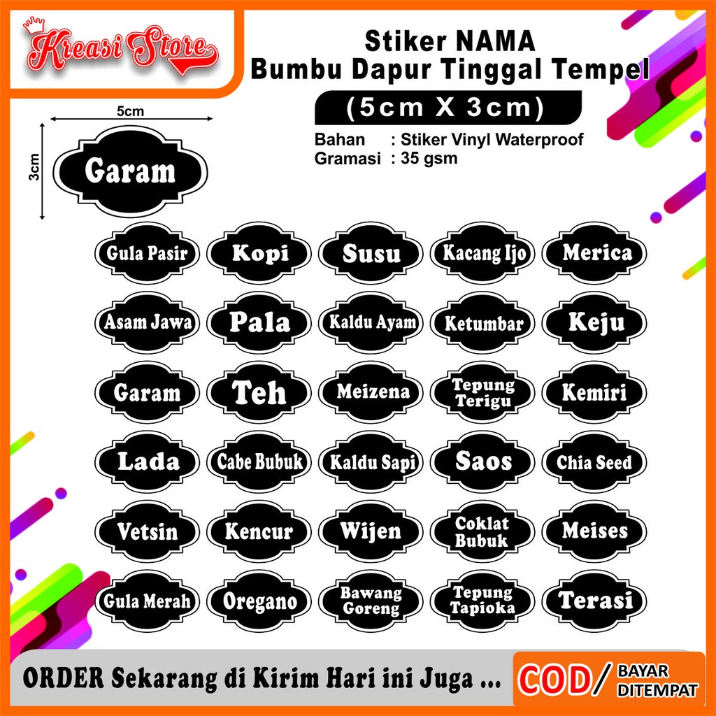 

COD✔ Stiker Label Nama Bumbu Dapur Waterproof Isi 30 Pcs uk 3x5cm Ready Stock