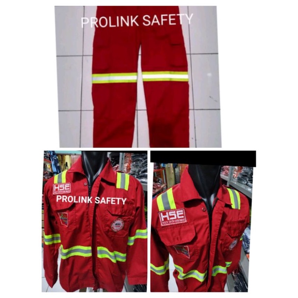 SETELAN SERAGAM SAFETY HSE MERAH RESLETING DAN KANCING