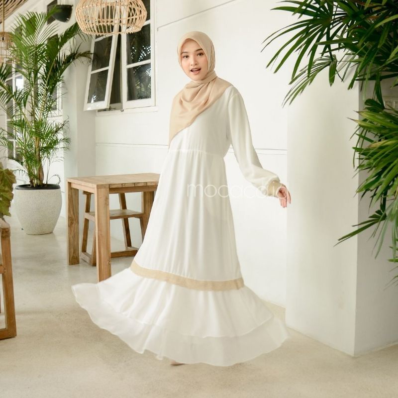 Gamis Muslimah Ceruti Renda Susun ready siap kirim Full Furing Premium Ld 110 Busui Bisa COD putih