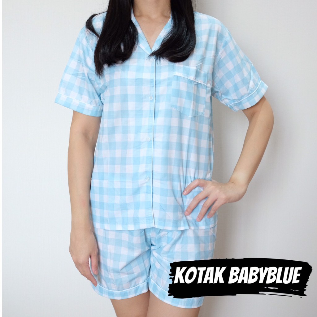 Baju Tidur / Pajamas / Piama / Piyama Wanita Katun Kotak Babyblue CPD Katun Setelan Celana Panjang