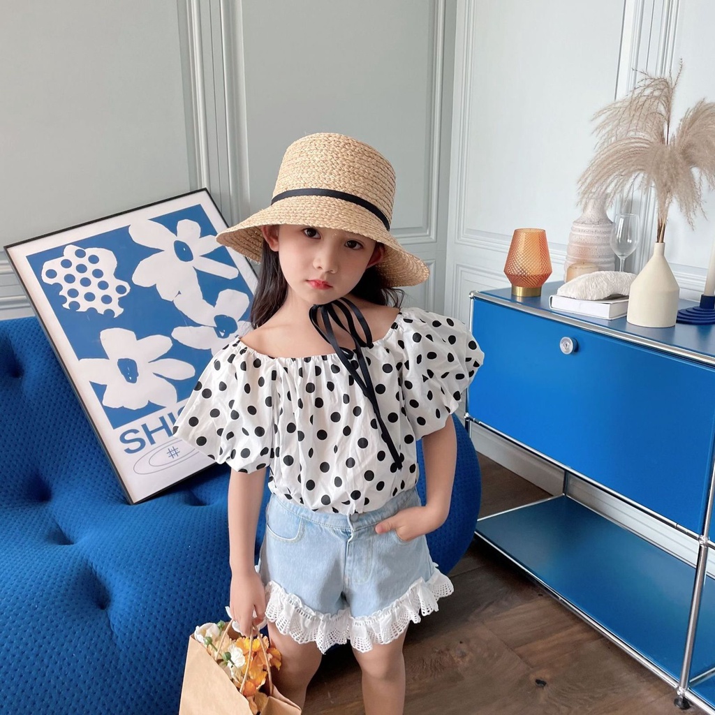 Baju Setelan impor Polkadot Hitam + Jeans Lace Anak perempuan Korea Style