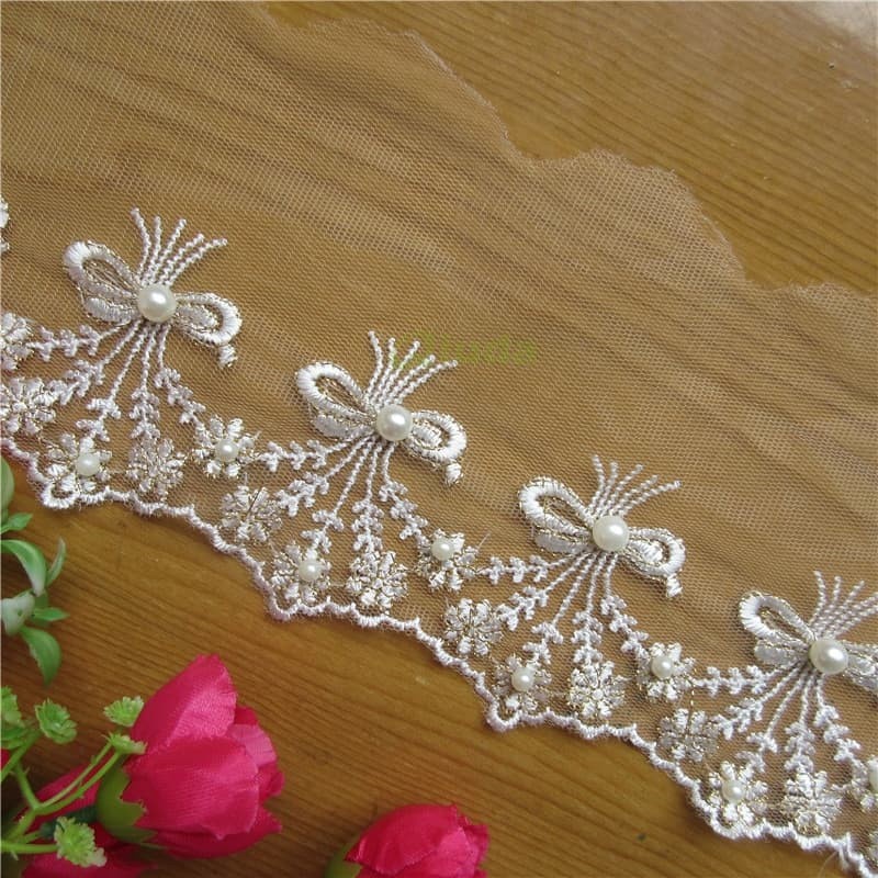 Cotton Net Mesh Embroidered Lace - Bowknot Floral Pearl 12cmx0.5Yard