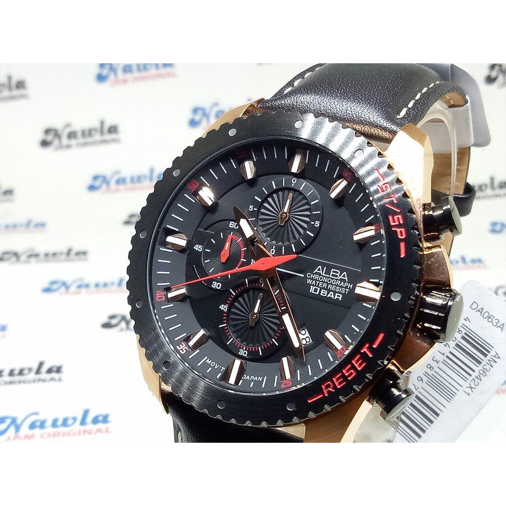 Alba Quartz AM3642X1 Chronograph Black Leather - Jam Tangan Pria AM3642