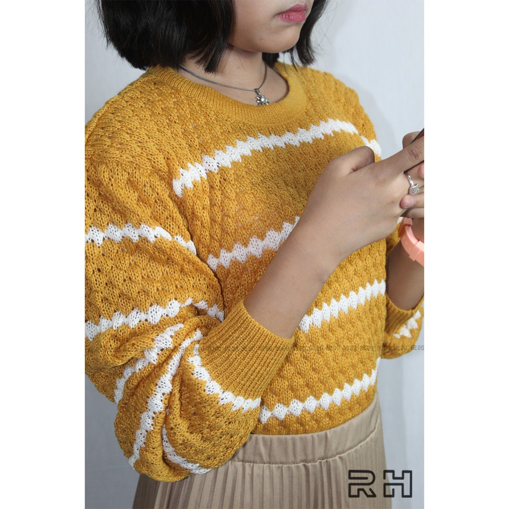 RAJUT SWEATER POPCORN STRIP / SWEATER WANITA NANAS STRIP / SWEATER WANITA KEKINIAN