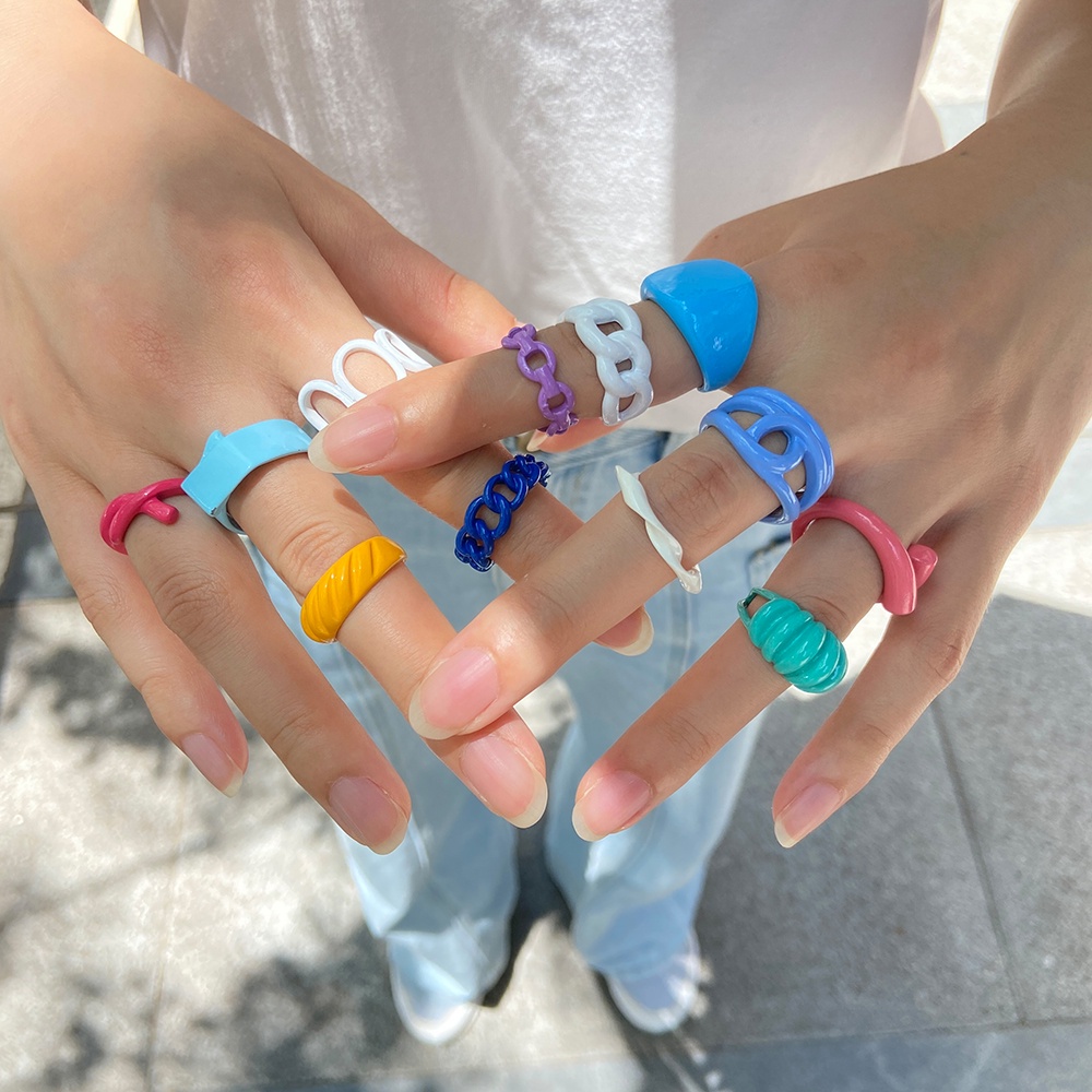 Cincin Model Terbuka Adjustable Warna-Warni Bahan Resin Gaya Korea Untuk Wanita