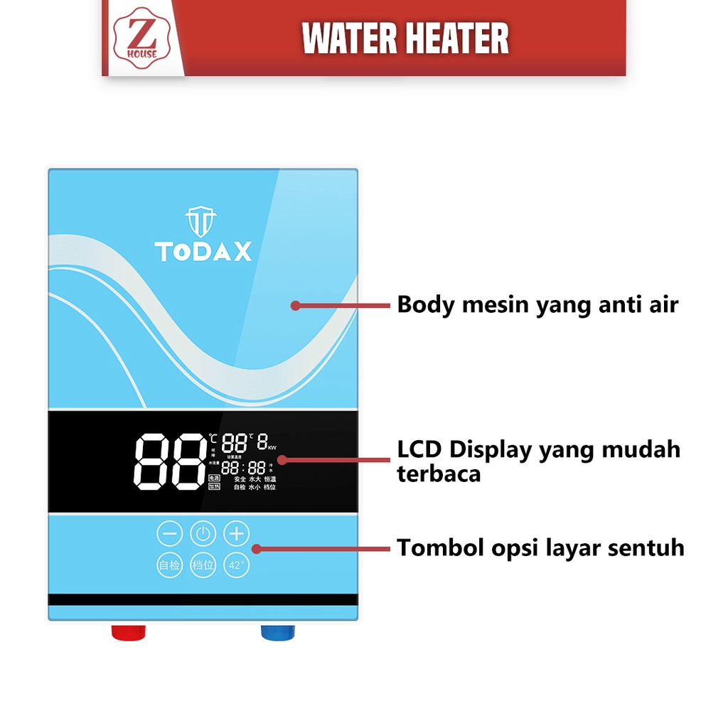 Water Heater Electric Instant Todaax Pemanas Air Digital Listrik Instan Komplit Pemanas Air Mandi Pemanas Air Kamar Mandi Penghangat Air Kamar Mandi Warna Merah/Biru