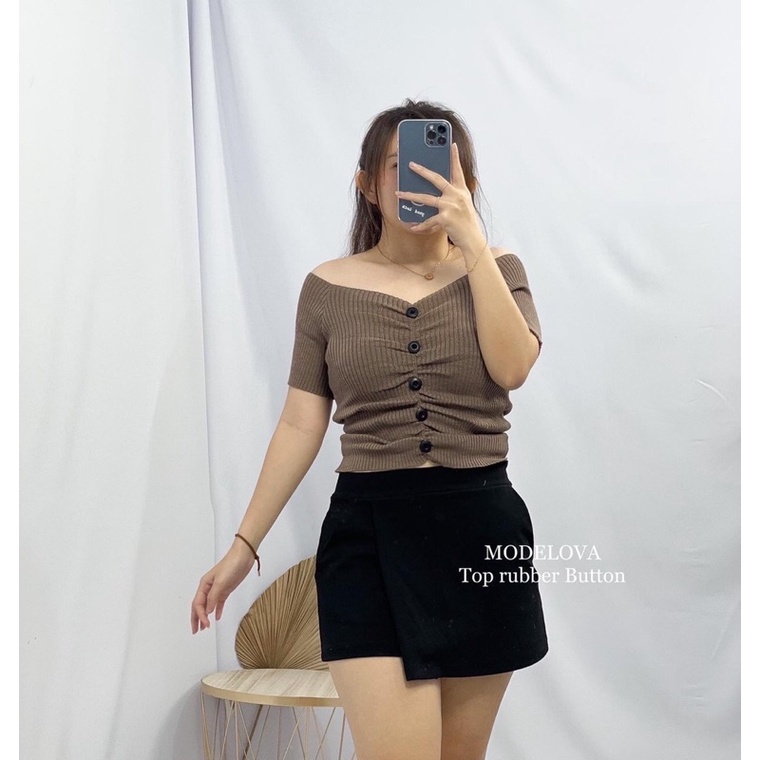 MDLV ~ BAJU RAJUT TOP RUBBER BUTTON ATASAN RAJUT LENGAN PENDEK CEWEK CROP TOP BUTTON FASHION WANITA