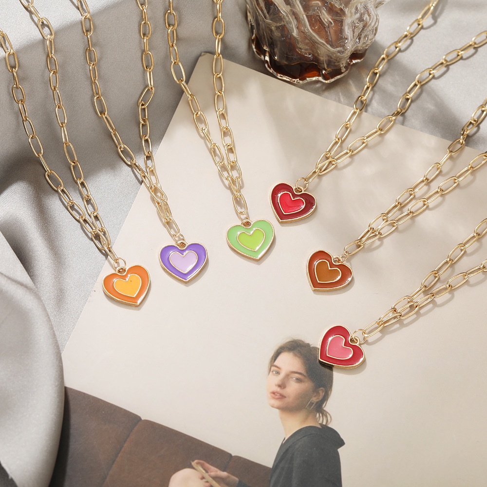 Y2K Girl Wind Dripping Color Glaze Double Heart Necklace for Women Fashion Pendant Necklace