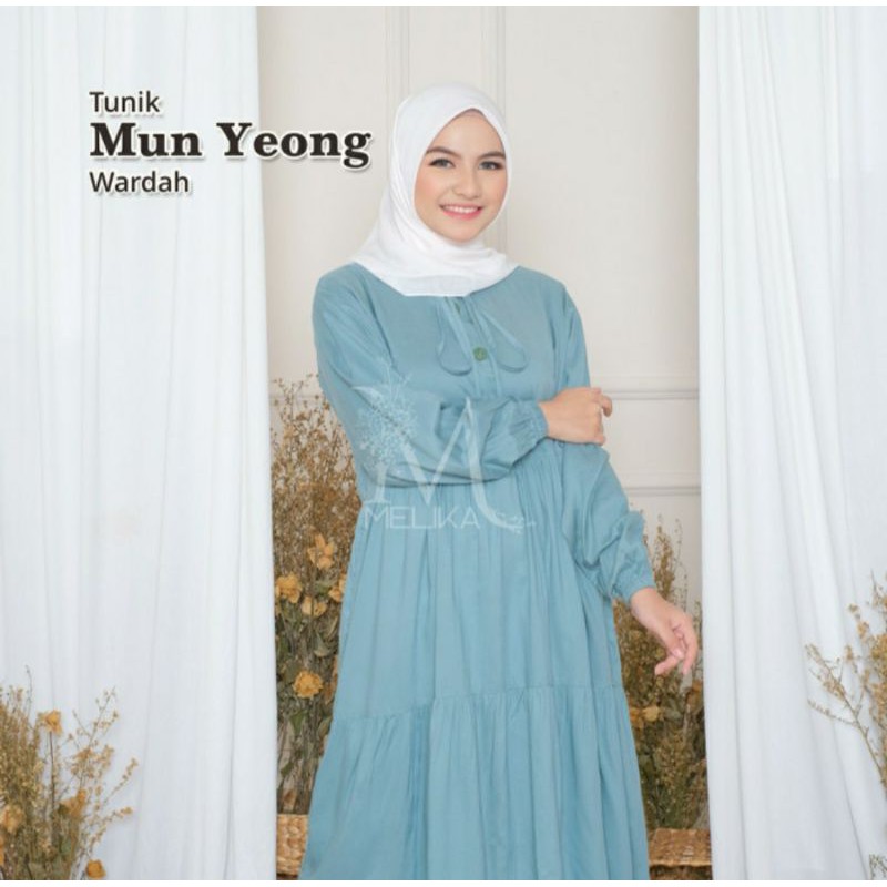 Tunik Dress Wanita Biru Polos Cantik Ruffle Mun Yeong Korea Busui Friendly Jumbo Besar Rayon