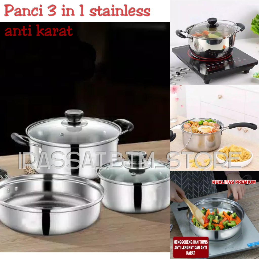 PANCI SET 3 IN 1 STAINLESS STEEL PANCI MASAK PANCI SET MULTIFUNGSI